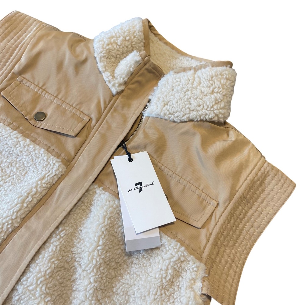 7 For All Mankind Faux Shearling Vest Tan Full‎ Zip Drawstring Size Small